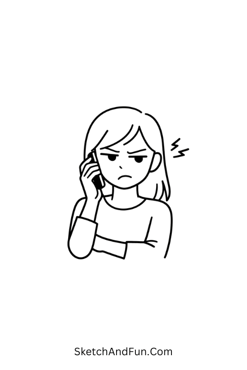 A doodle of a girl on phone with annoyed face, simple baddie sketches