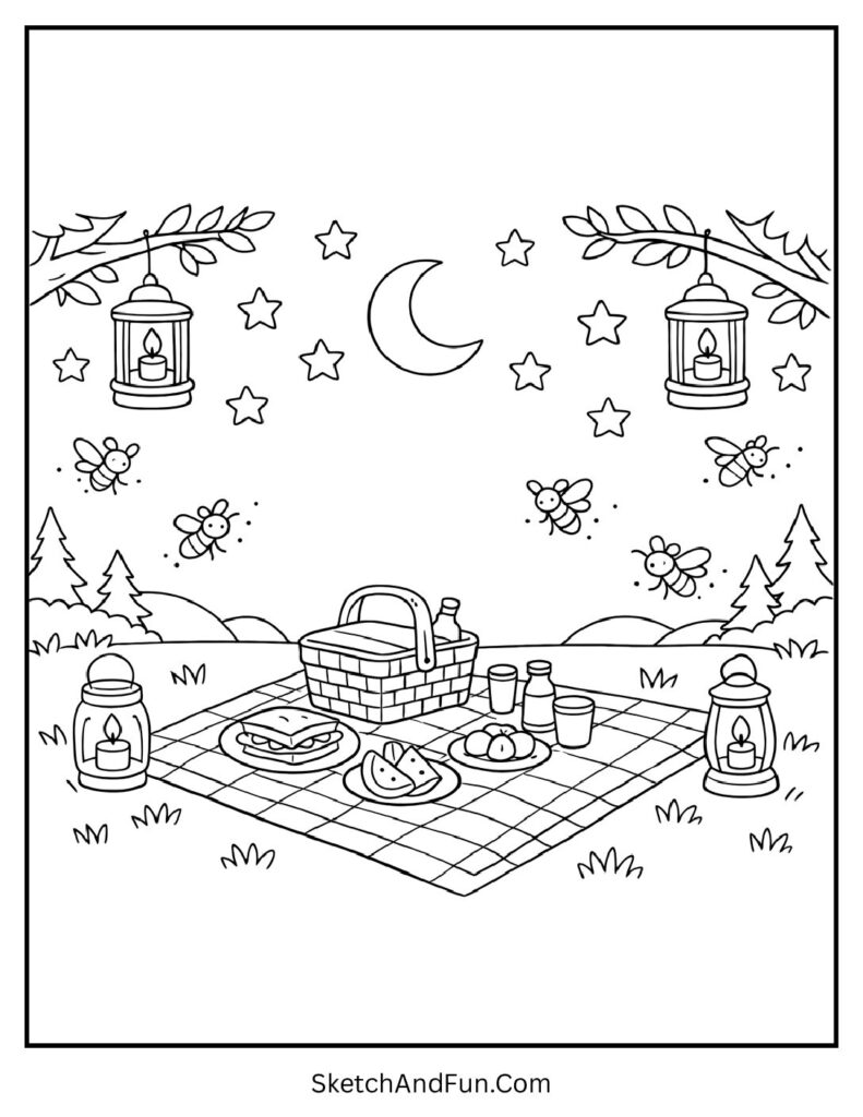A coloring page of a night picnic with lanterns and fireflies, summer coloring pages for adults