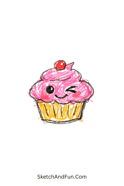 A tiny cupcake with pink frosting winking playfully, easy pink doodle drawings