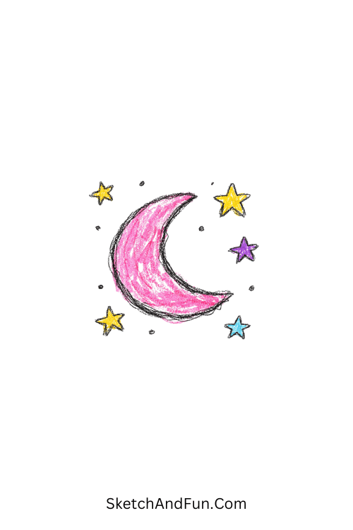 A crescent pink moon with stars around it, pink doodle background design