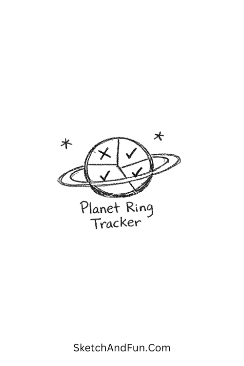A doodle of a small planet with divided rings, monthly bullet journal doodles