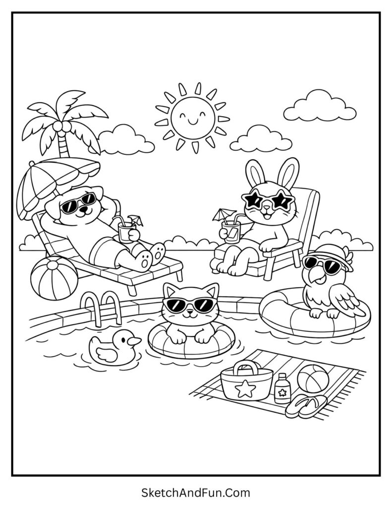 A coloring page of pets lounging by the pool with sunglasses, easy summer coloring pages