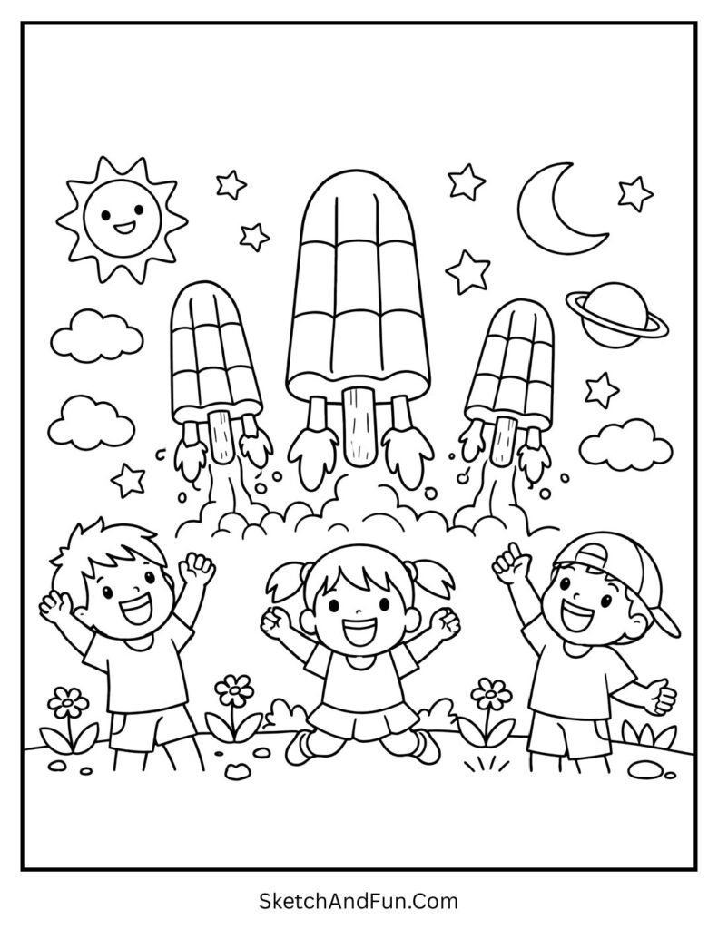 A coloring page of popsicles flying like rockets into space, kawaii summer coloring pages