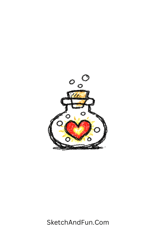 A doodle of a glowing potion bottle with heart, fun medieval doodle activities for children