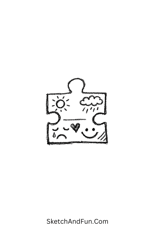 A doodle of a puzzle piece with patterns and faces, bullet journal doodle challenge