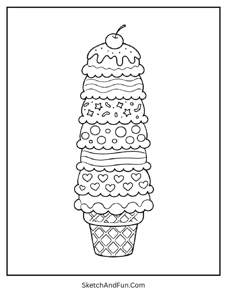 A coloring page of a rainbow stack of colorful ice cream scoops, cute ice cream coloring pages