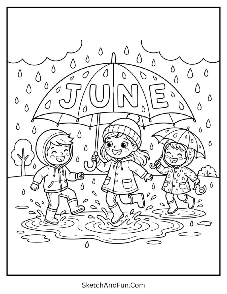 A coloring page of rainy day kids splashing in puddles under umbrellas with June text, simple June coloring pages