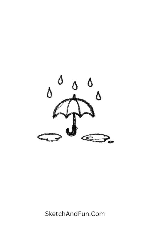 A doodle of a tiny umbrella with raindrops and puddles, bullet journal doodle borders
