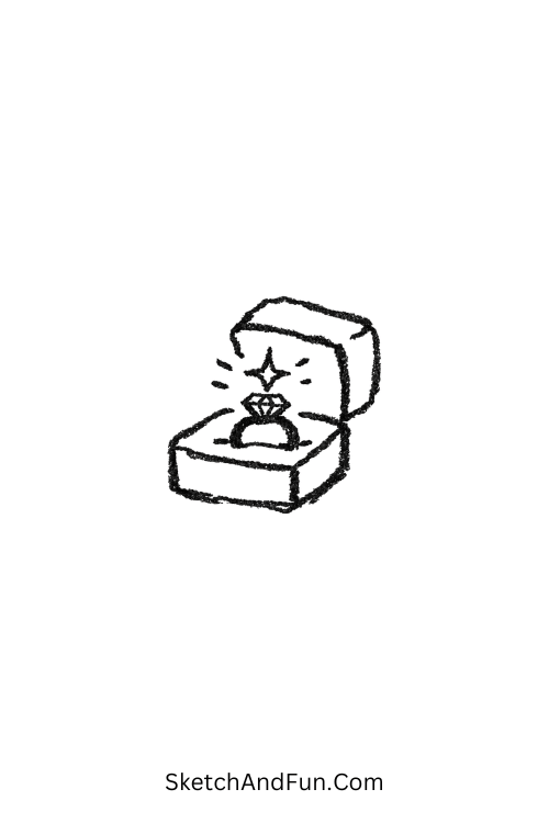 A doodle of an open ring box with sparkle above, doodle wedding decorations