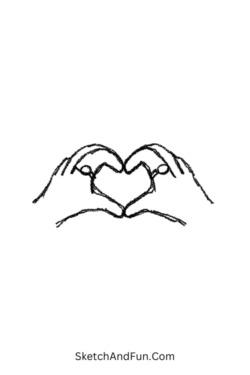 A doodle of two hands forming a heart with rings, wedding doodle couple