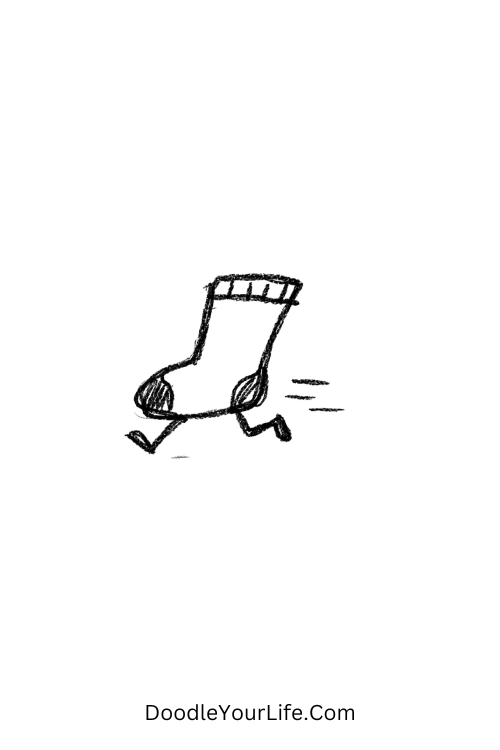 A doodle of a sock running with tiny legs, simple silly doodle prompts