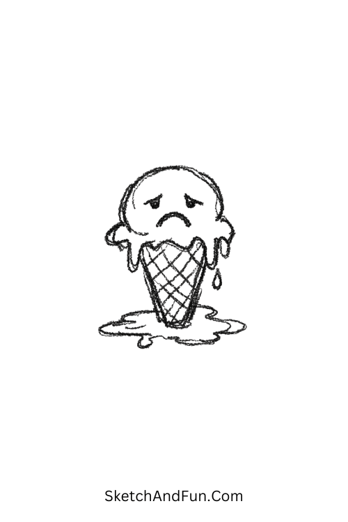 A doodle of a sad melting ice cream cone, easy weird doodles