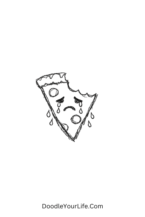 A doodle of a crying pizza slice with a bite taken, silly doodle memes