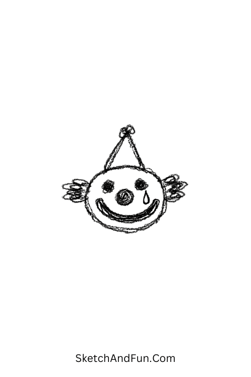 A doodle of a tiny clown with a big smile and tear, clown doodle easy coloring pages
