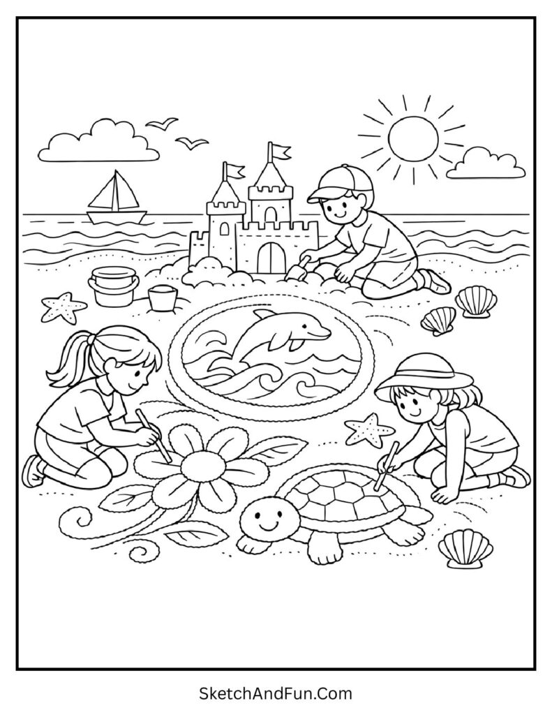 A coloring page of kids creating giant sand art designs, summer coloring pages classroom activities