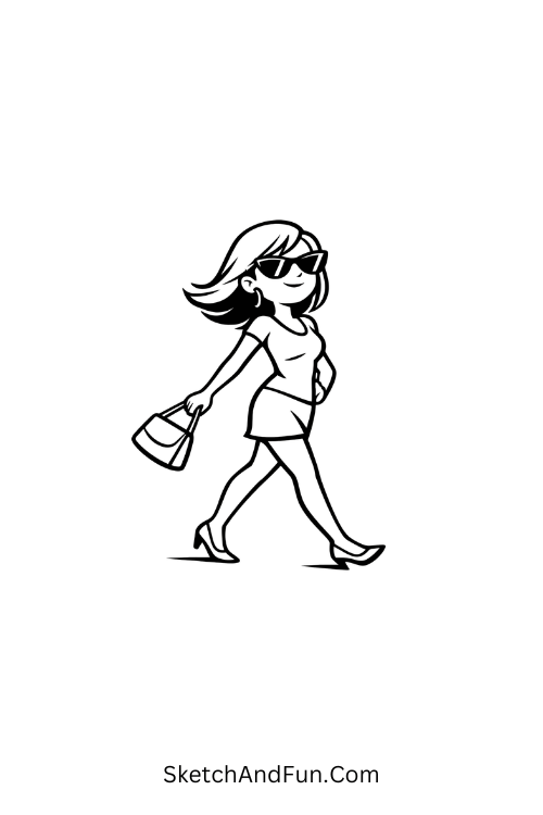 A doodle of a sassy walking pose with a bag, easy baddie doodles
