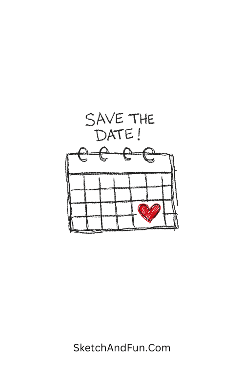 A doodle of a calendar page with a heart date, wedding doodle planner stickers