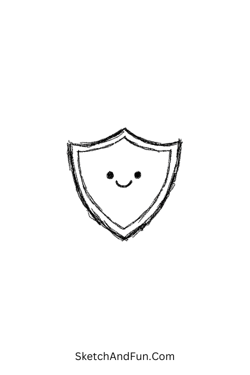 A doodle of a round shield with a smiling face, easy medieval doodle drawings for kids