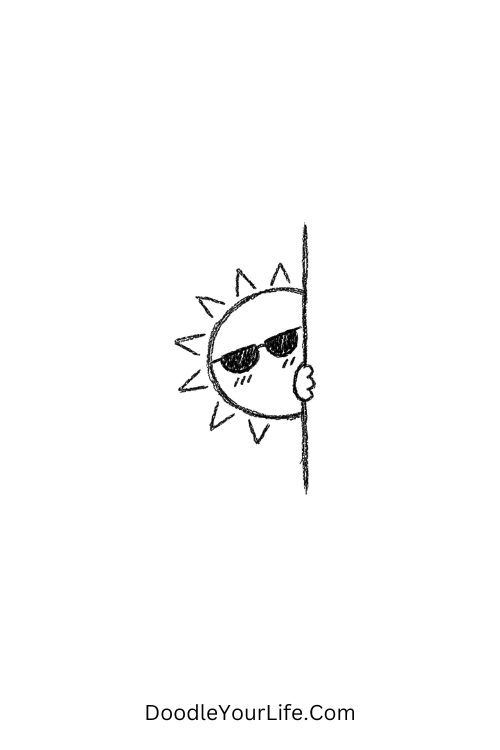A doodle of a sun peeking from behind a corner wearing sunglasses, silly doodle themes for kids