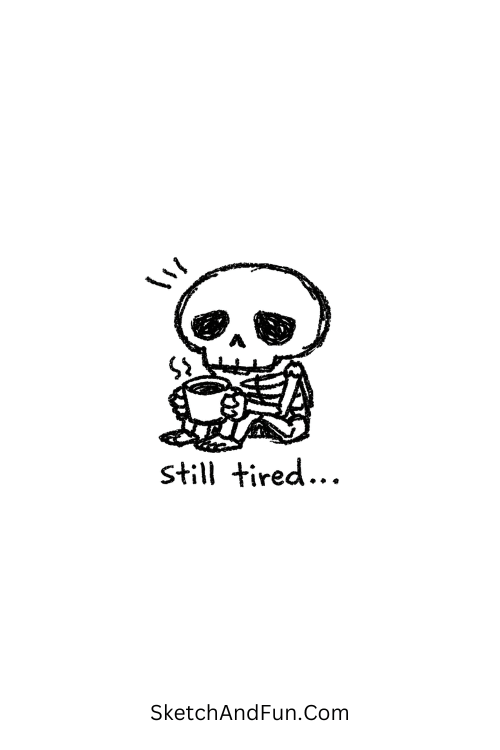 A doodle of a small skeleton sipping coffee, coffee doodle art