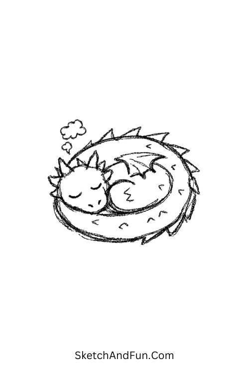 A doodle of a curled-up dragon with soft smoke, magical medieval creatures doodle guide