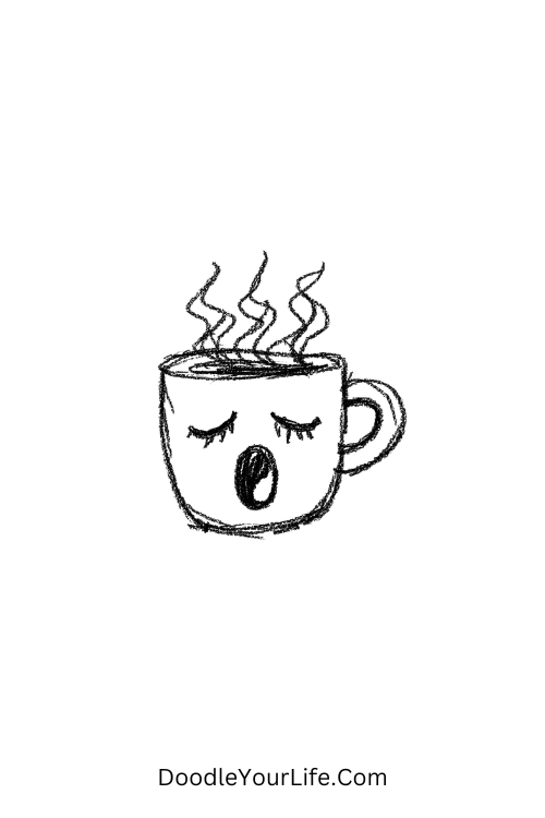 A doodle of a yawning coffee cup with messy steam, easy silly doodles