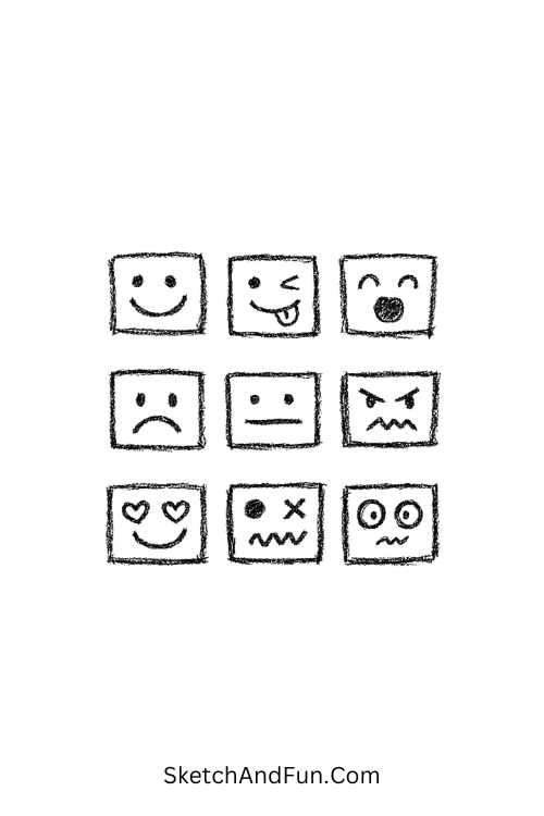A doodle of tiny stamp-like squares with different faces, bullet journal doodle tutorial