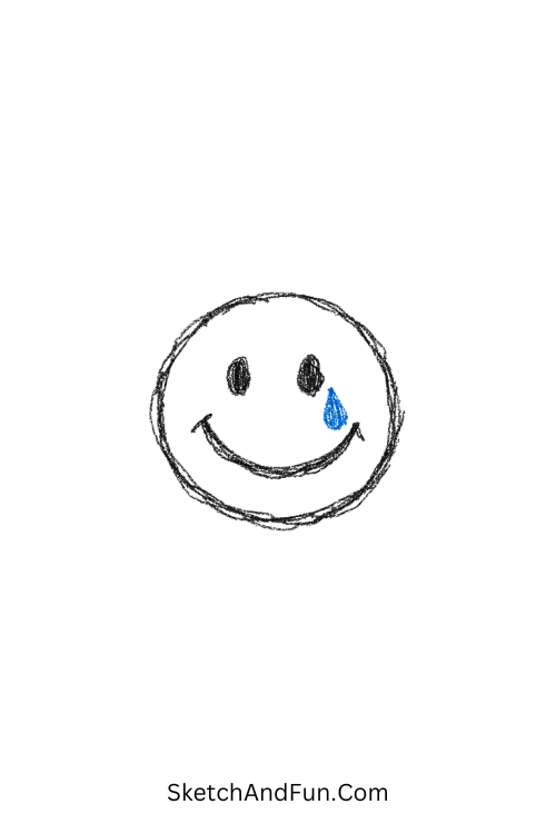 A doodle of a smiley face with a single tear, emo doodle kids drawings