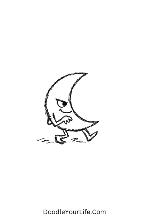A doodle of a crescent moon tiptoeing mischievously, silly doodle ideas