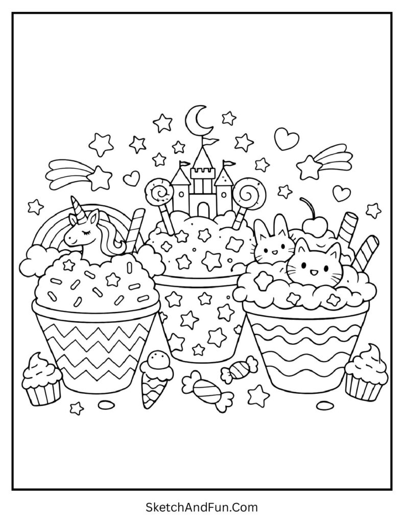 A coloring page of giant snow cones with toppings, summer coloring pages printable free download