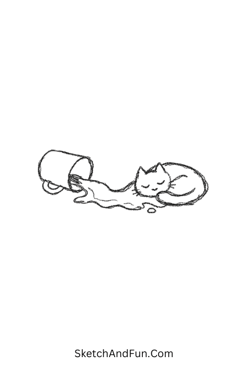 A doodle of spilled coffee forming a tiny curled-up cat, coffee doodles for kids