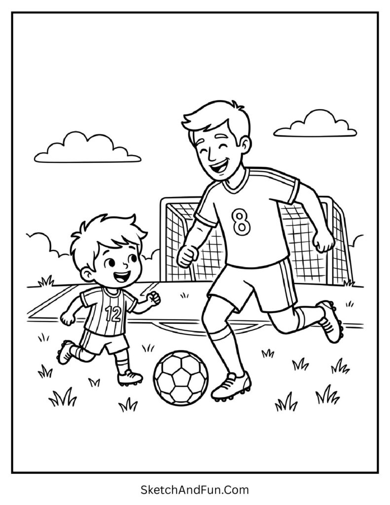 A coloring page of dad playing sports with child, dad coloring pages printable