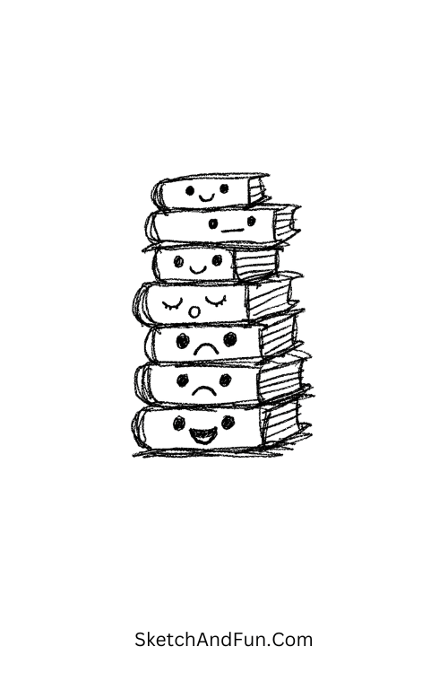 A doodle of stacked books with cute faces, cartoon book doodle