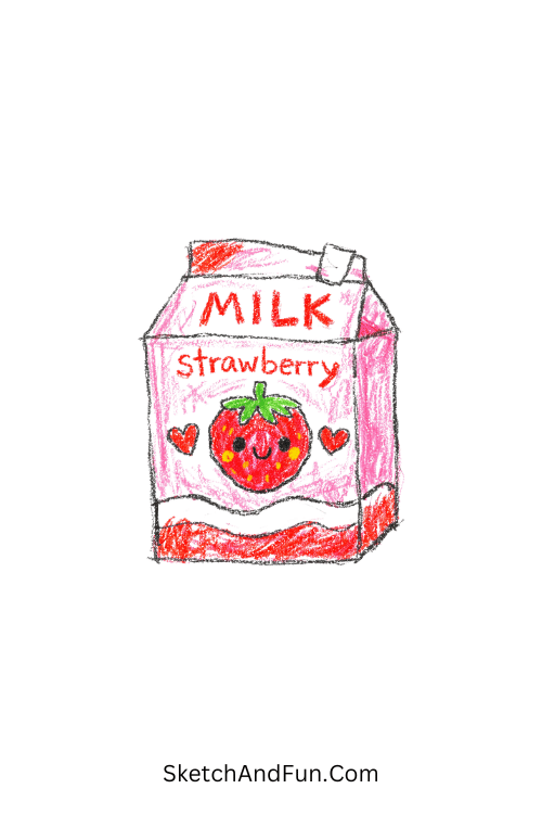 A doodle of a kawaii milk box with a strawberry face, cute girly doodles