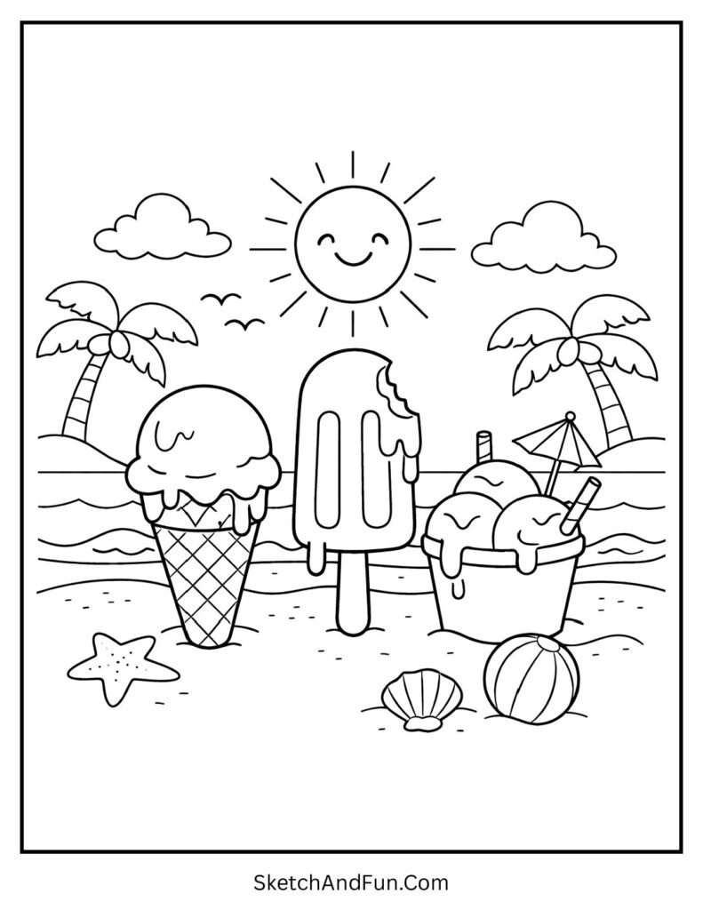 A coloring page of ice cream melting under the sun at the beach, summer ice cream coloring pages