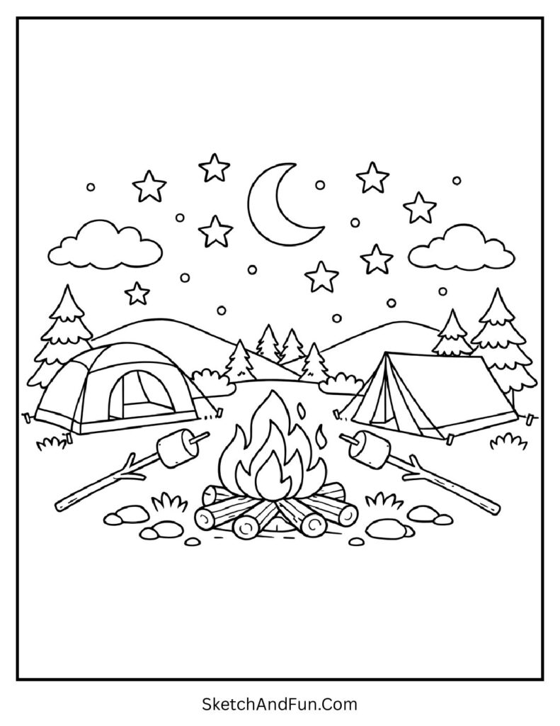 A coloring page of a cozy campfire with tents and stars, summer camp coloring pages