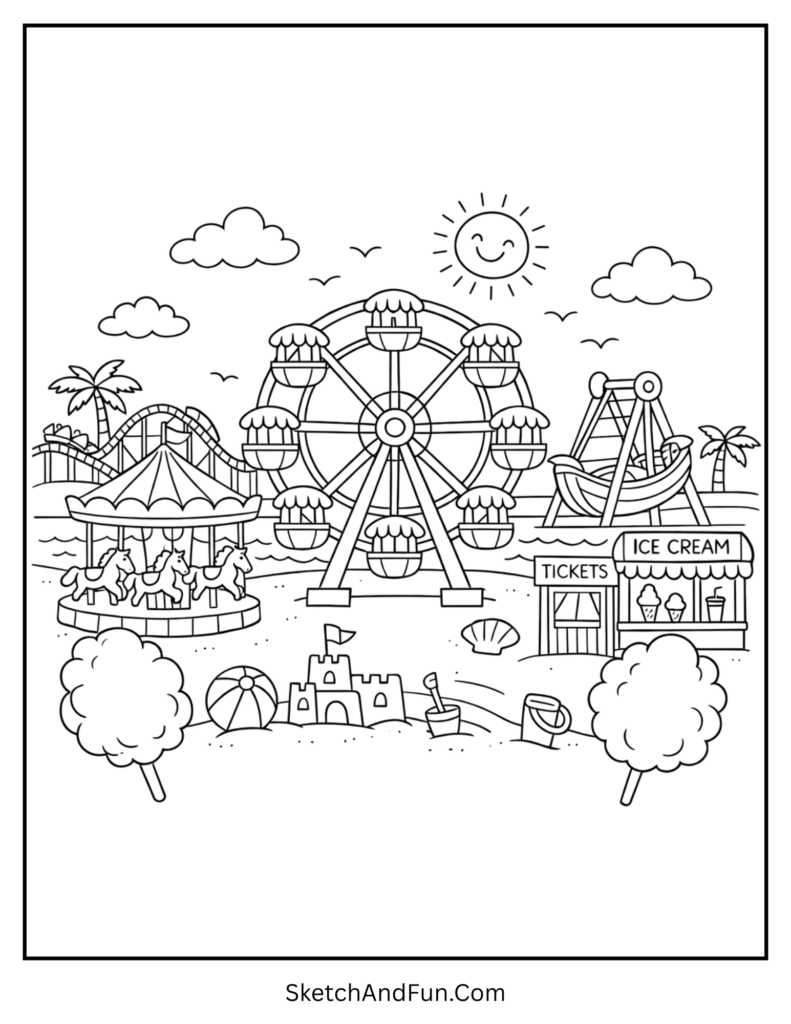 A coloring page of a ferris wheel and rides at a beach carnival, printable summer coloring sheets pdf
