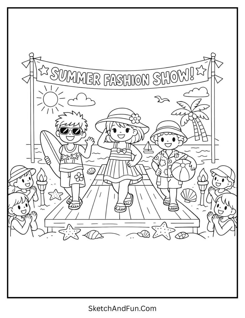 A coloring page of kids showing summer outfits on a beach runway, detailed summer coloring pages for adults