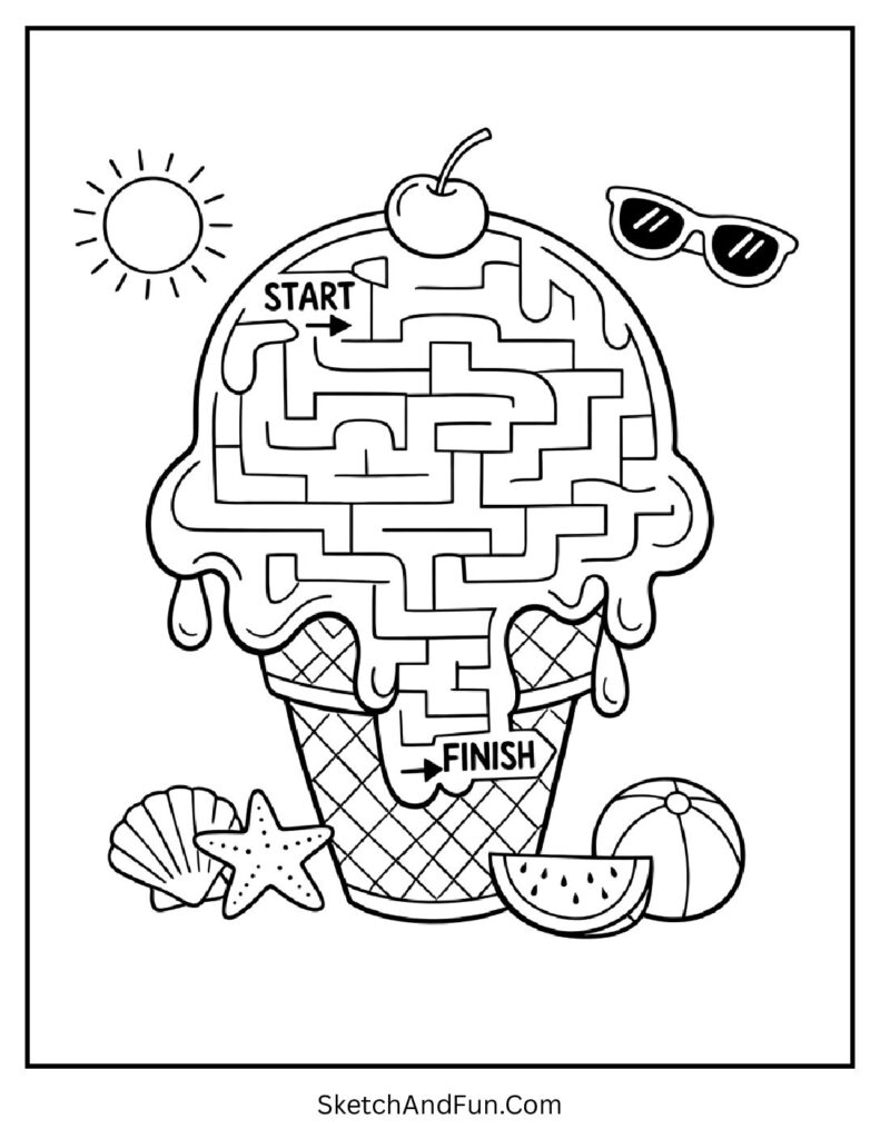 A coloring page of a maze shaped like melting ice cream, summer coloring pages DIY printables