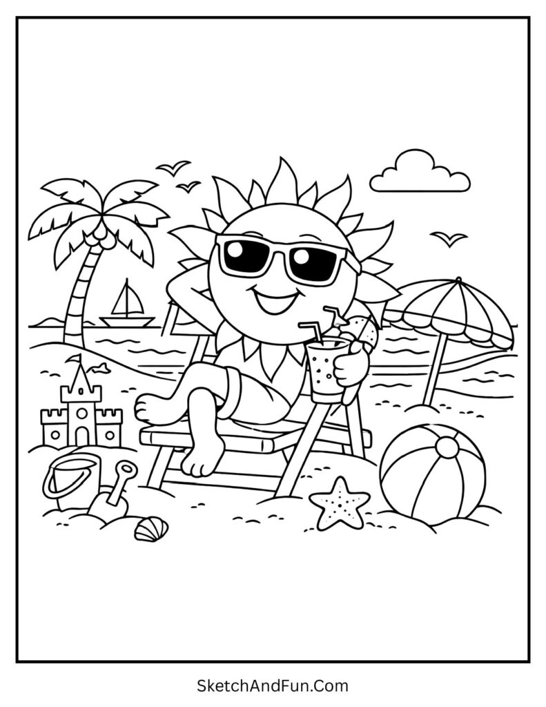 A coloring page of a sun wearing sunglasses on a beach chair, summer coloring pages with sun and beach
