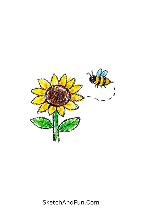 A doodle of sunflower with a small bee, sunflower drawing easy
