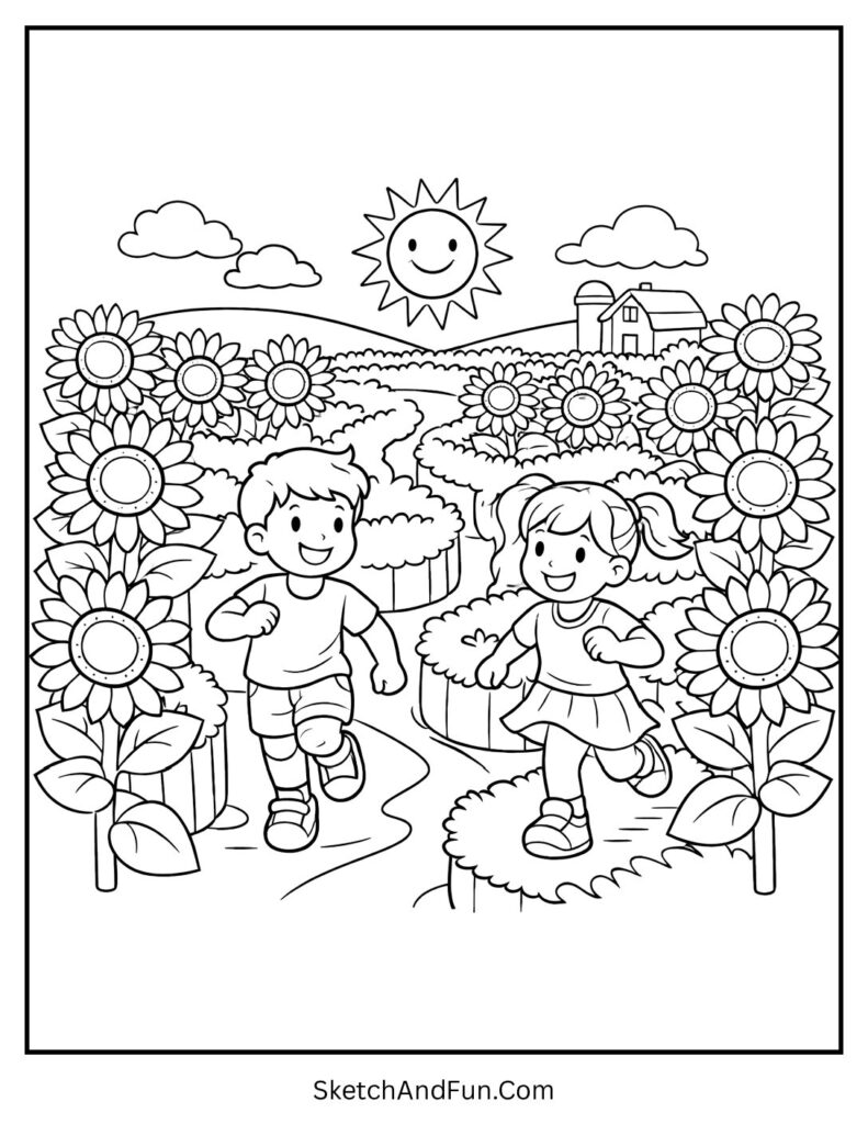 A coloring page of kids running through a giant sunflower maze, summer coloring pages for preschoolers