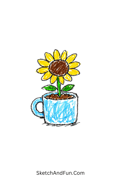 A doodle of sunflower growing in a mug, sunflower doodle png
