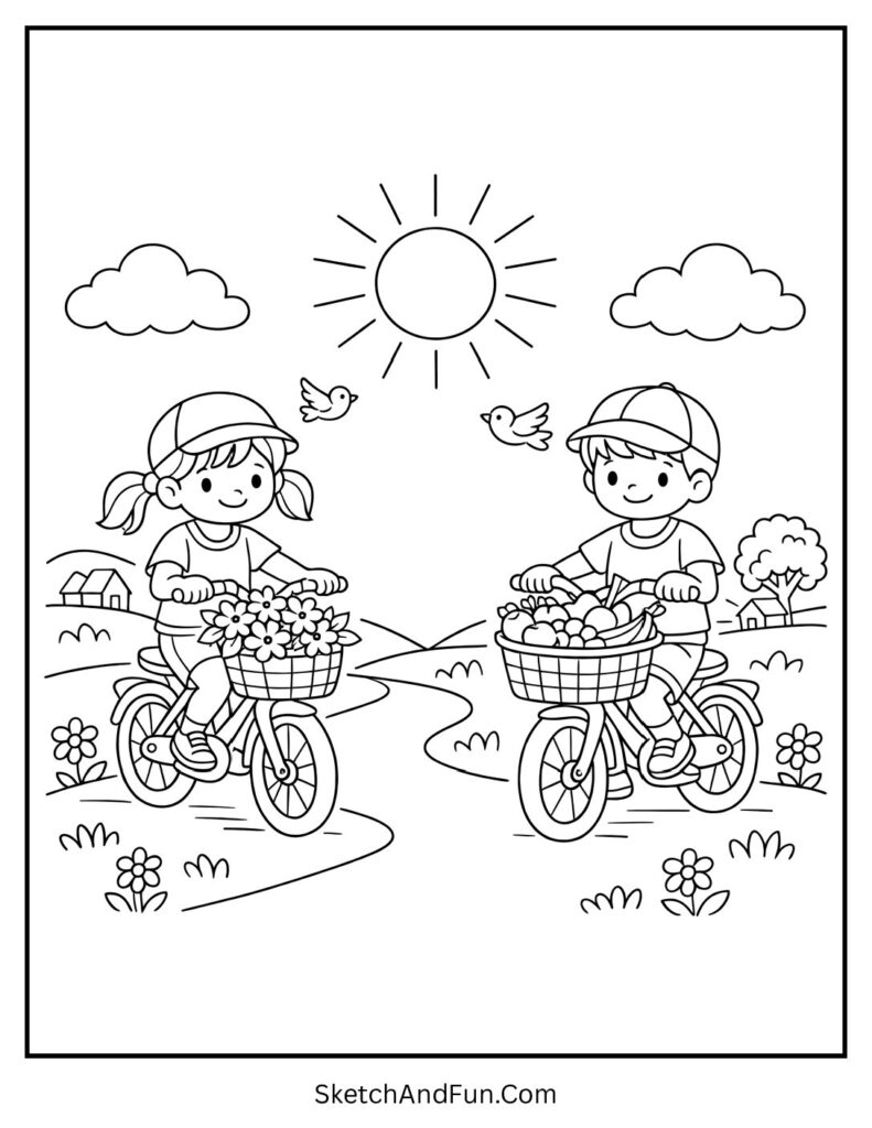 A coloring page of kids riding bikes with flower baskets, summer coloring pages for girls
