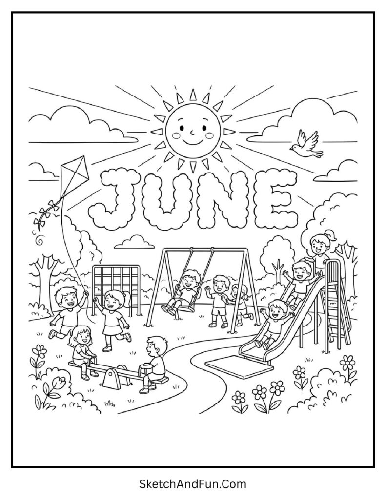 A coloring page of kids playing in a sunny playground with kites and swings under sky text, summer June coloring pages for kids