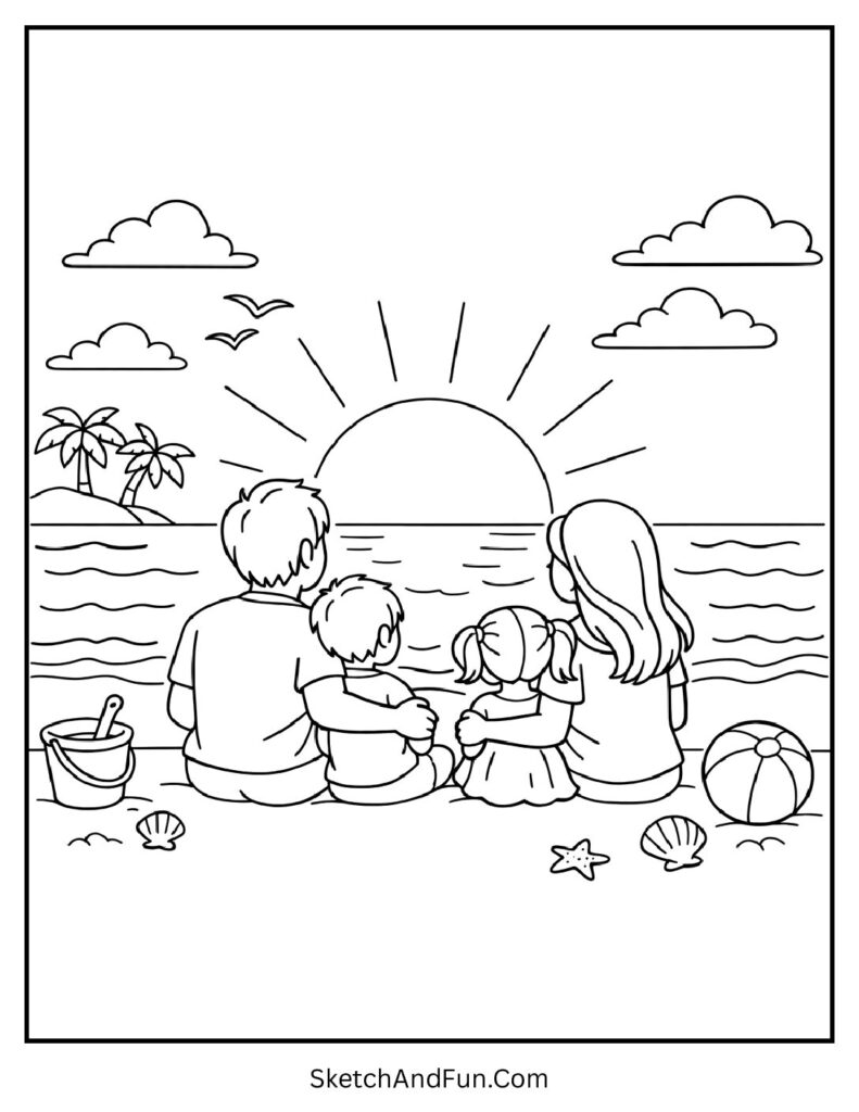 A coloring page of a family watching the sunset on the beach, summer coloring pages black and white
