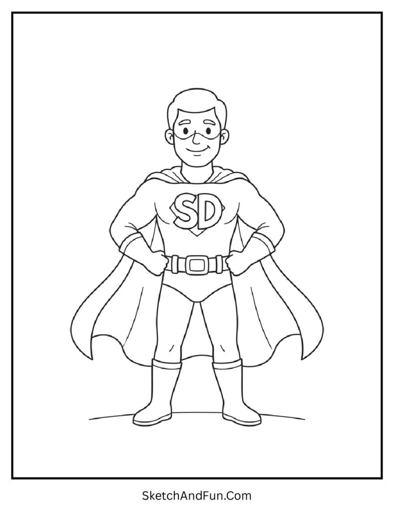 A coloring page of a superhero dad with cape, super dad coloring page