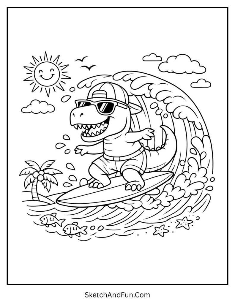 A coloring page of a dinosaur riding ocean waves with sunglasses, cartoon summer coloring pages
