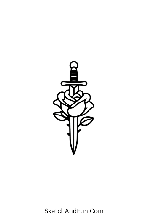 A doodle of a sword piercing a single rose, simple medieval sword and shield doodles