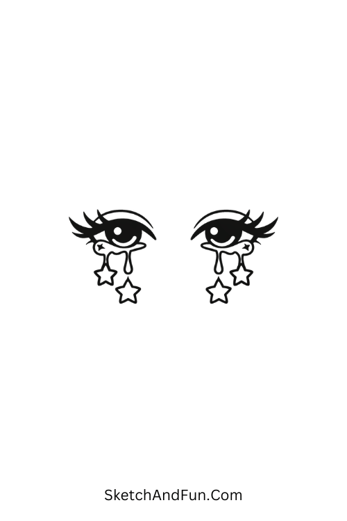 A doodle of eyes with star tears and lashes, baddie doodle drawing ideas